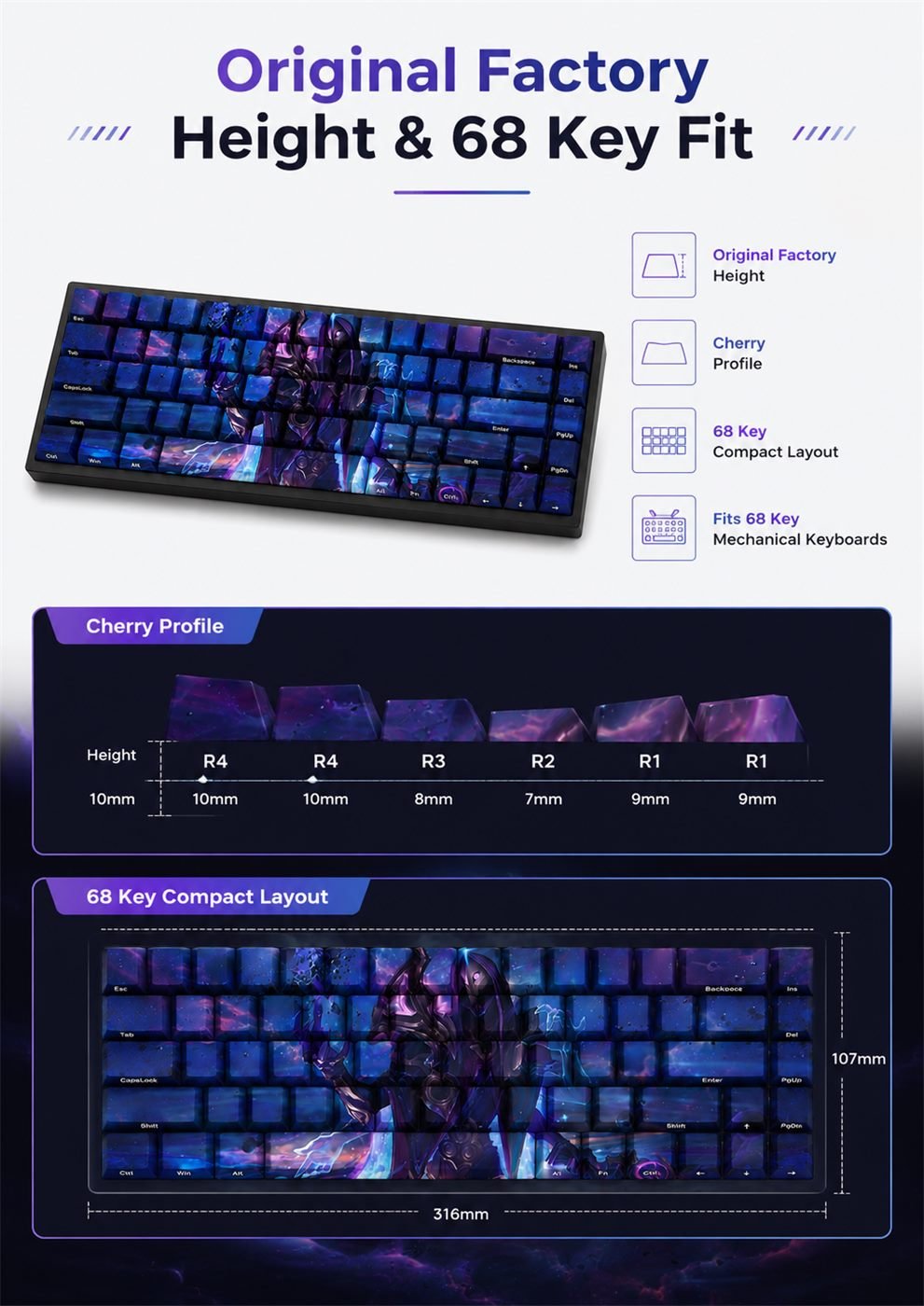 DARK COSMIC JHIN Original Profile 68-Key Side-Printed PBT Keycap Set - Image 11