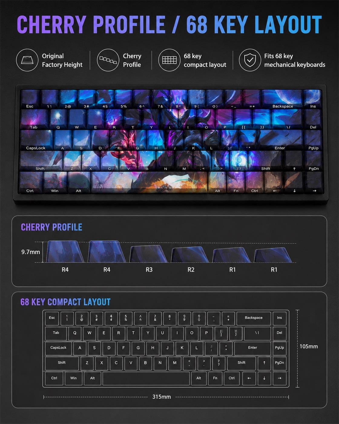PRIMORDIAN AATROX Original Profile 68-Key Side-Printed PBT Keycap Set - Image 11