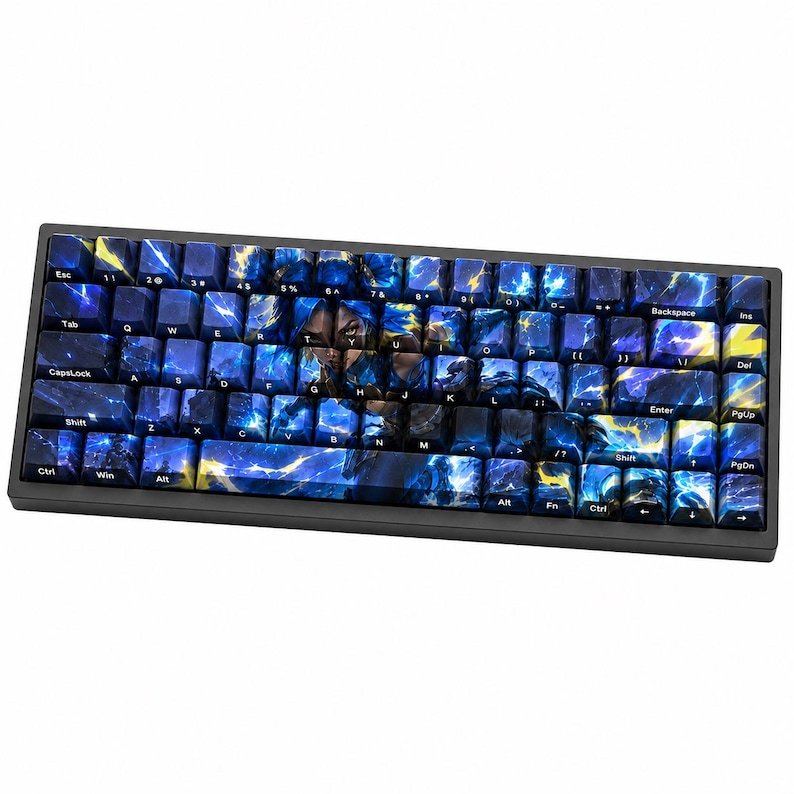 Neon blue and yellow 68-key keycap design, front view
